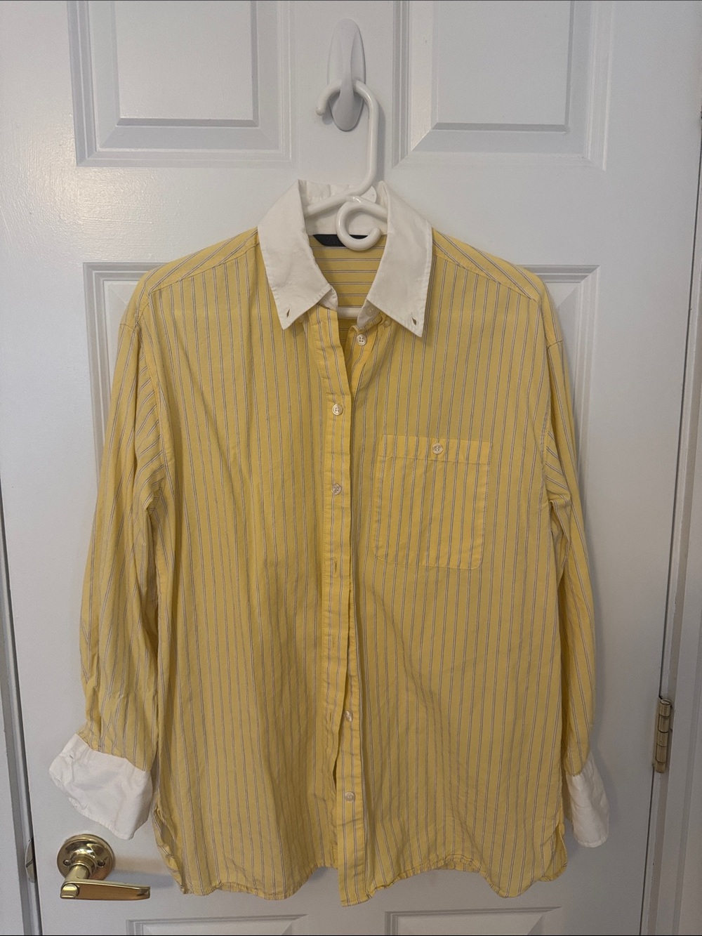 Zara Women’s Yellow Stripe Button-Up Shirt with White Collar